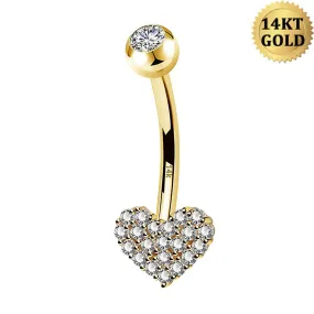 14K Gold Clear CZ Heart Belly Ring 14G Belly Button Ring