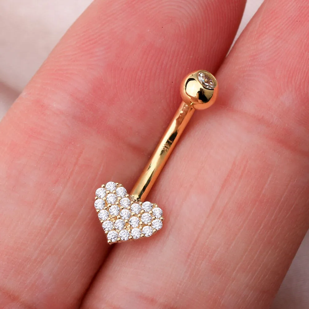 14K Gold Clear CZ Heart Belly Ring 14G Belly Button Ring