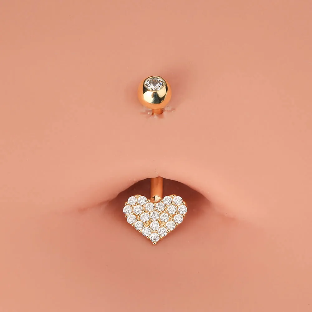 14K Gold Clear CZ Heart Belly Ring 14G Belly Button Ring