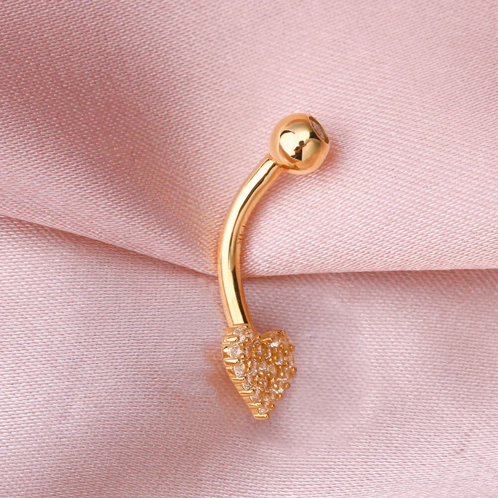 14K Gold Clear CZ Heart Belly Ring 14G Belly Button Ring