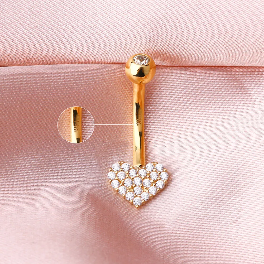 14K Gold Clear CZ Heart Belly Ring 14G Belly Button Ring