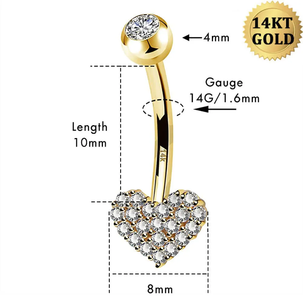 14K Gold Clear CZ Heart Belly Ring 14G Belly Button Ring