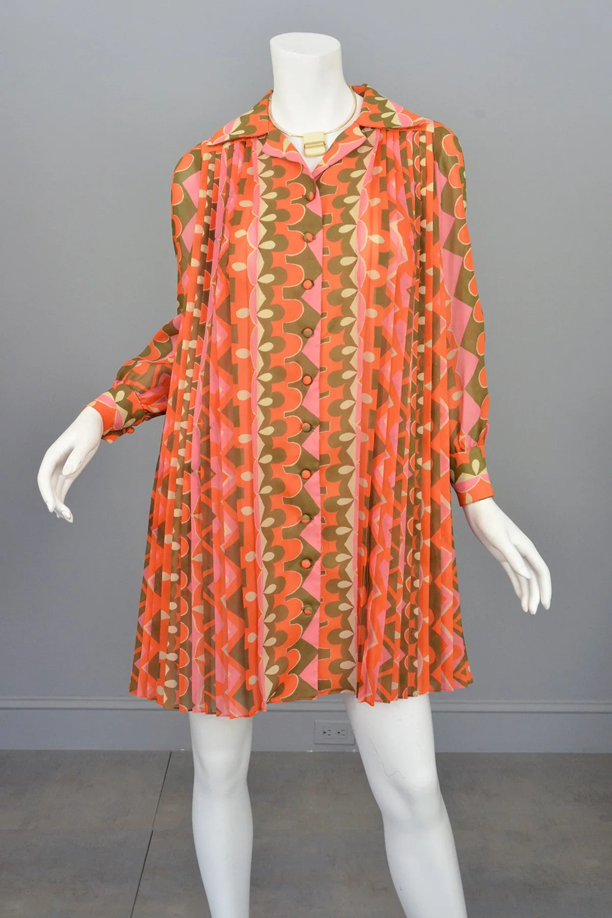 1960's MOD Mini Dress Knife Pleated Sheer Retro Novelty Print Mini Dress Tunic