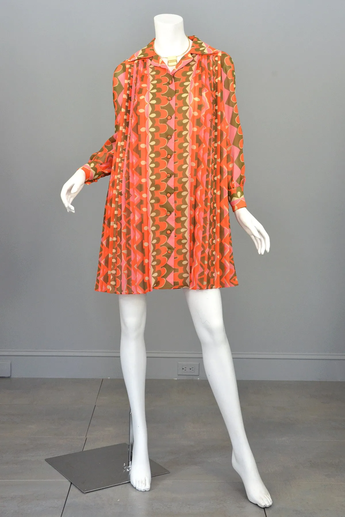 1960's MOD Mini Dress Knife Pleated Sheer Retro Novelty Print Mini Dress Tunic