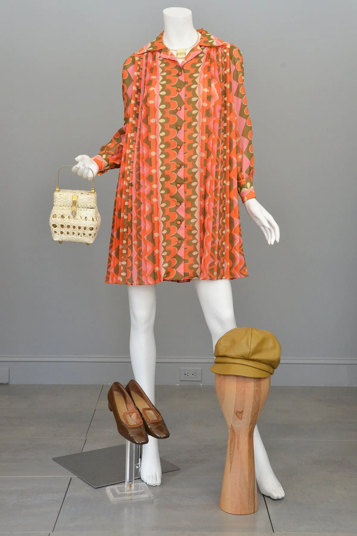 1960's MOD Mini Dress Knife Pleated Sheer Retro Novelty Print Mini Dress Tunic