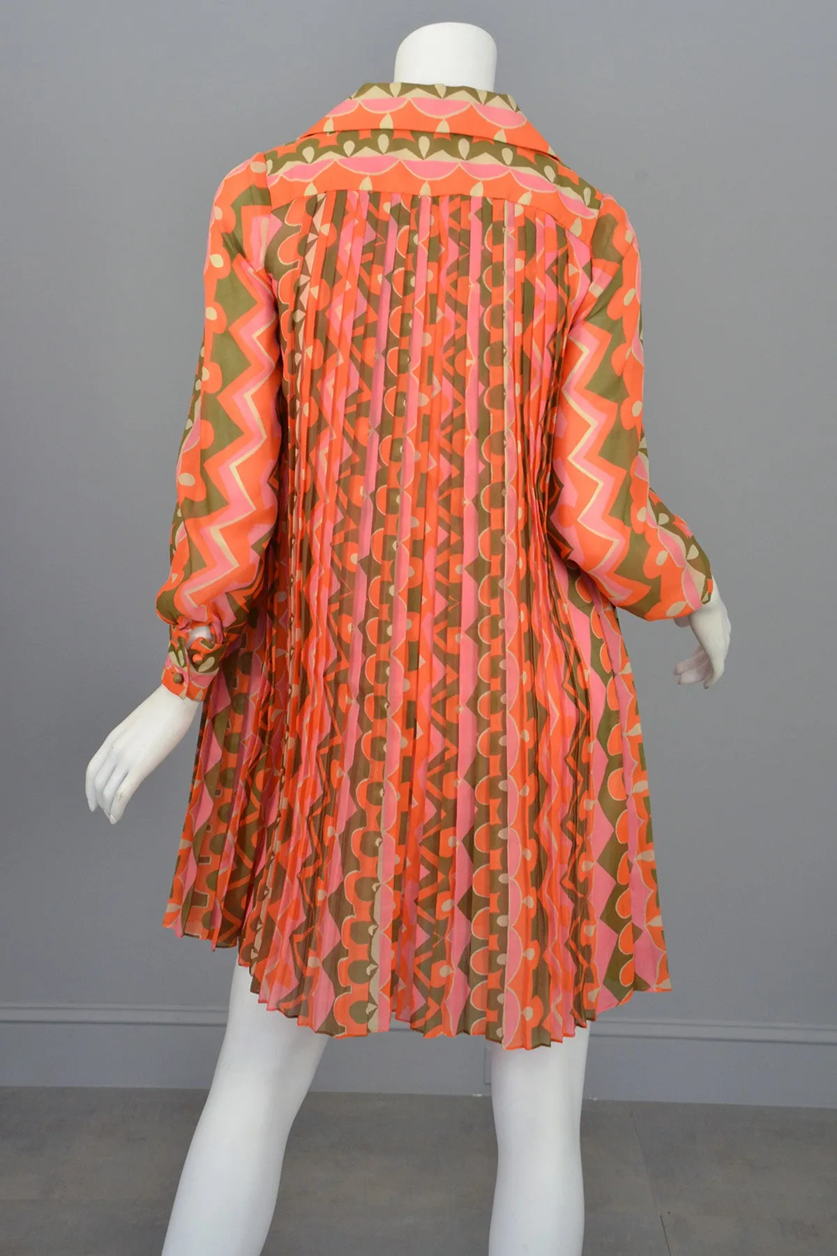 1960's MOD Mini Dress Knife Pleated Sheer Retro Novelty Print Mini Dress Tunic