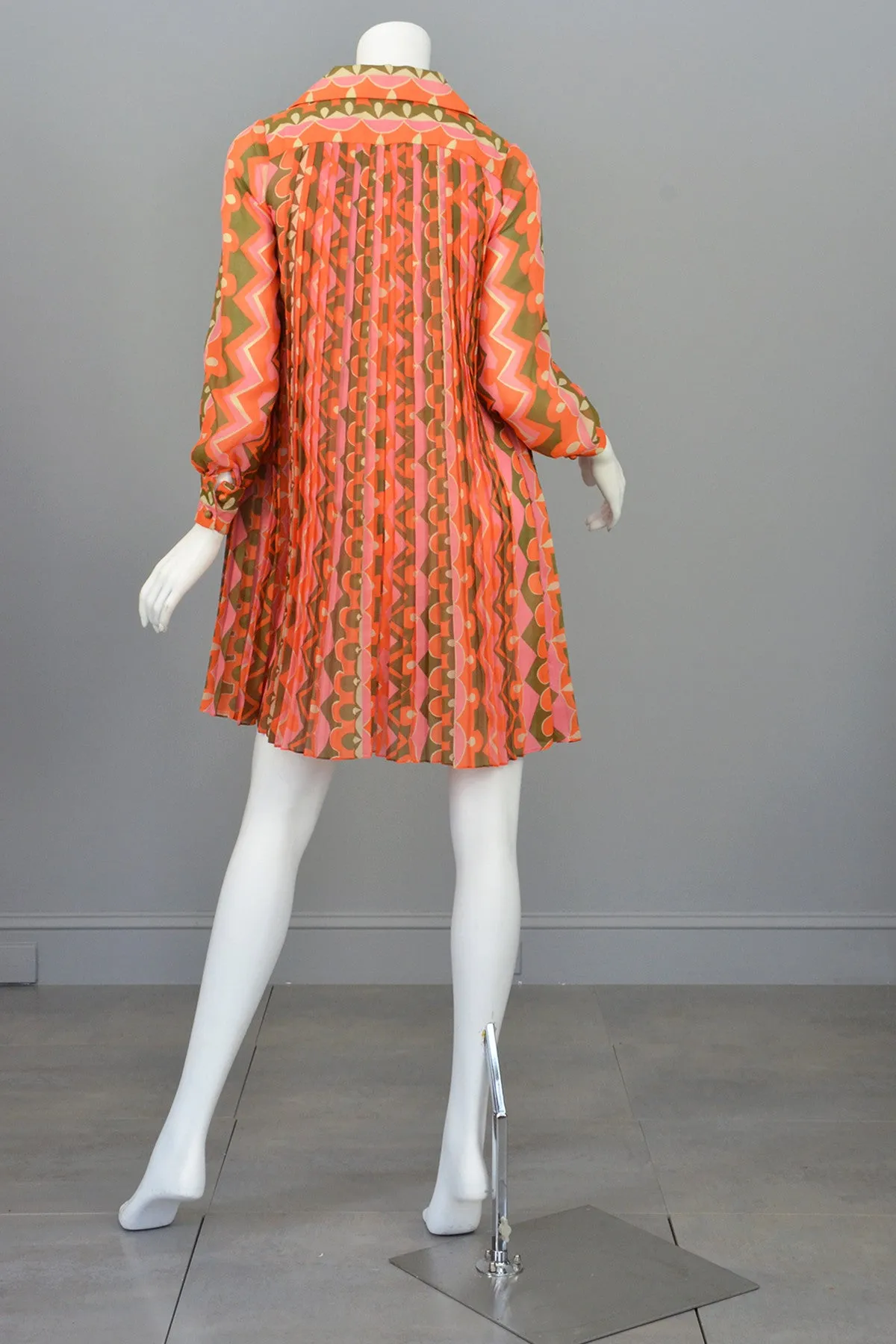 1960's MOD Mini Dress Knife Pleated Sheer Retro Novelty Print Mini Dress Tunic