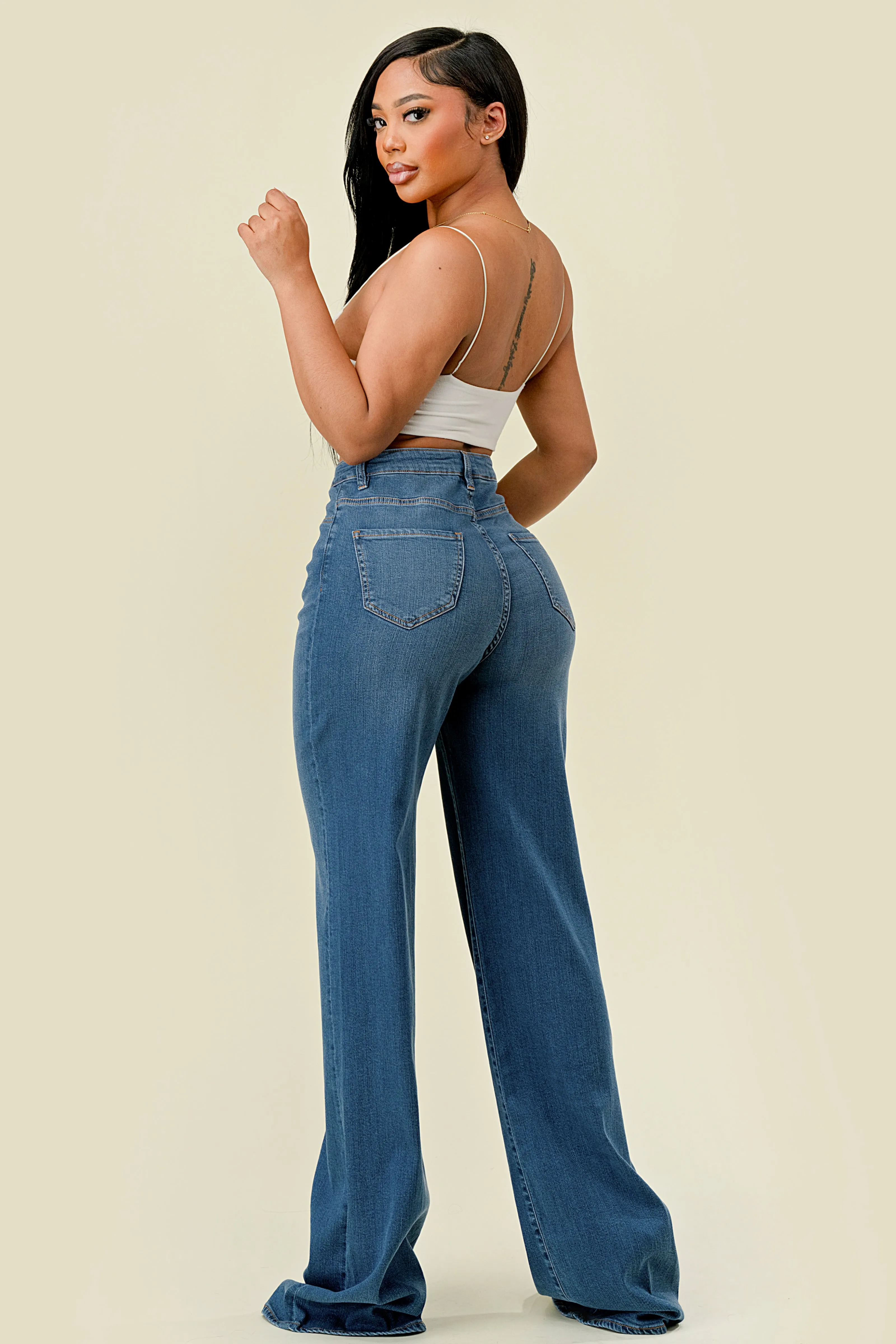 40712 High Rise Criss Cross Button Closure Wide Leg Jeans