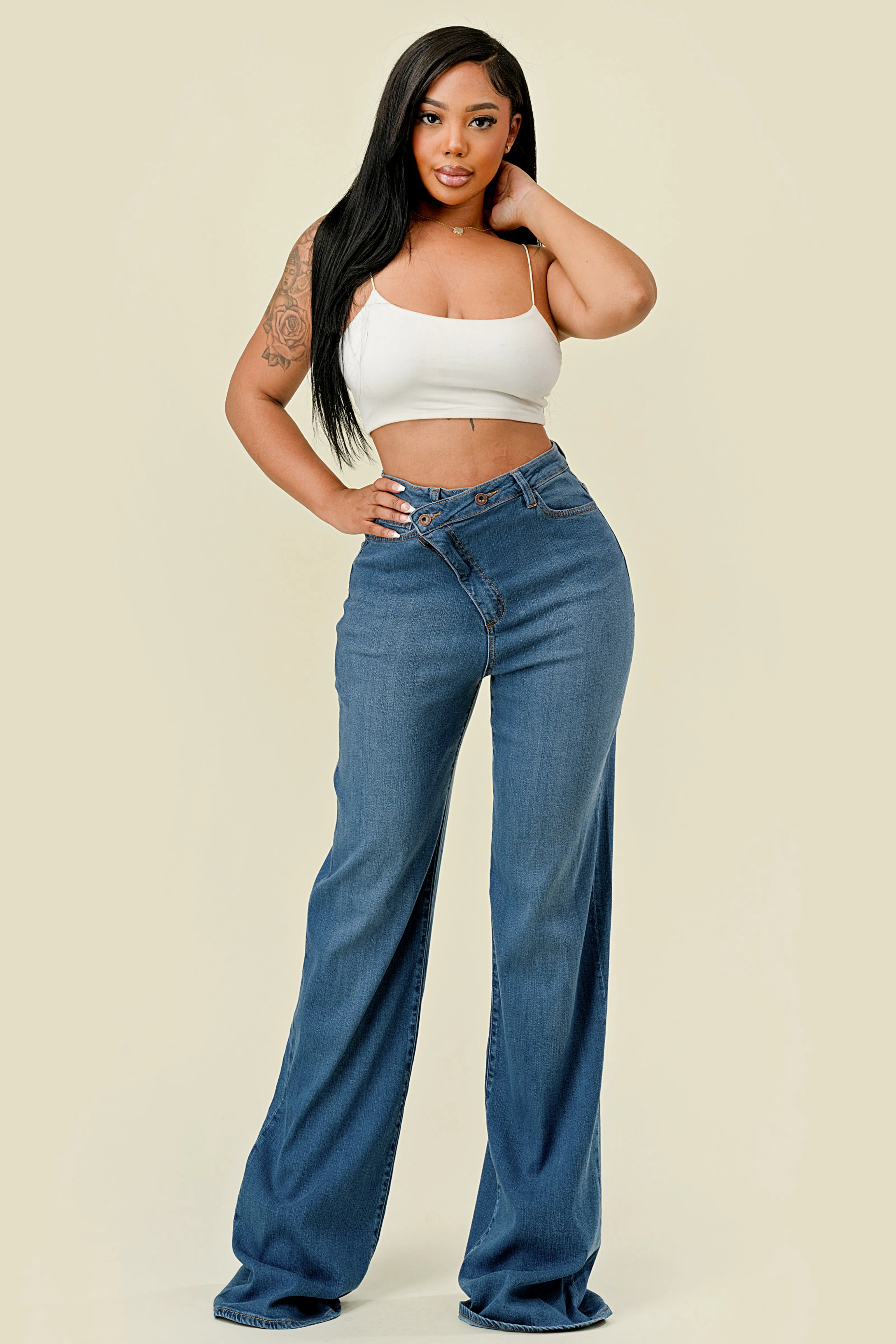 40712 High Rise Criss Cross Button Closure Wide Leg Jeans