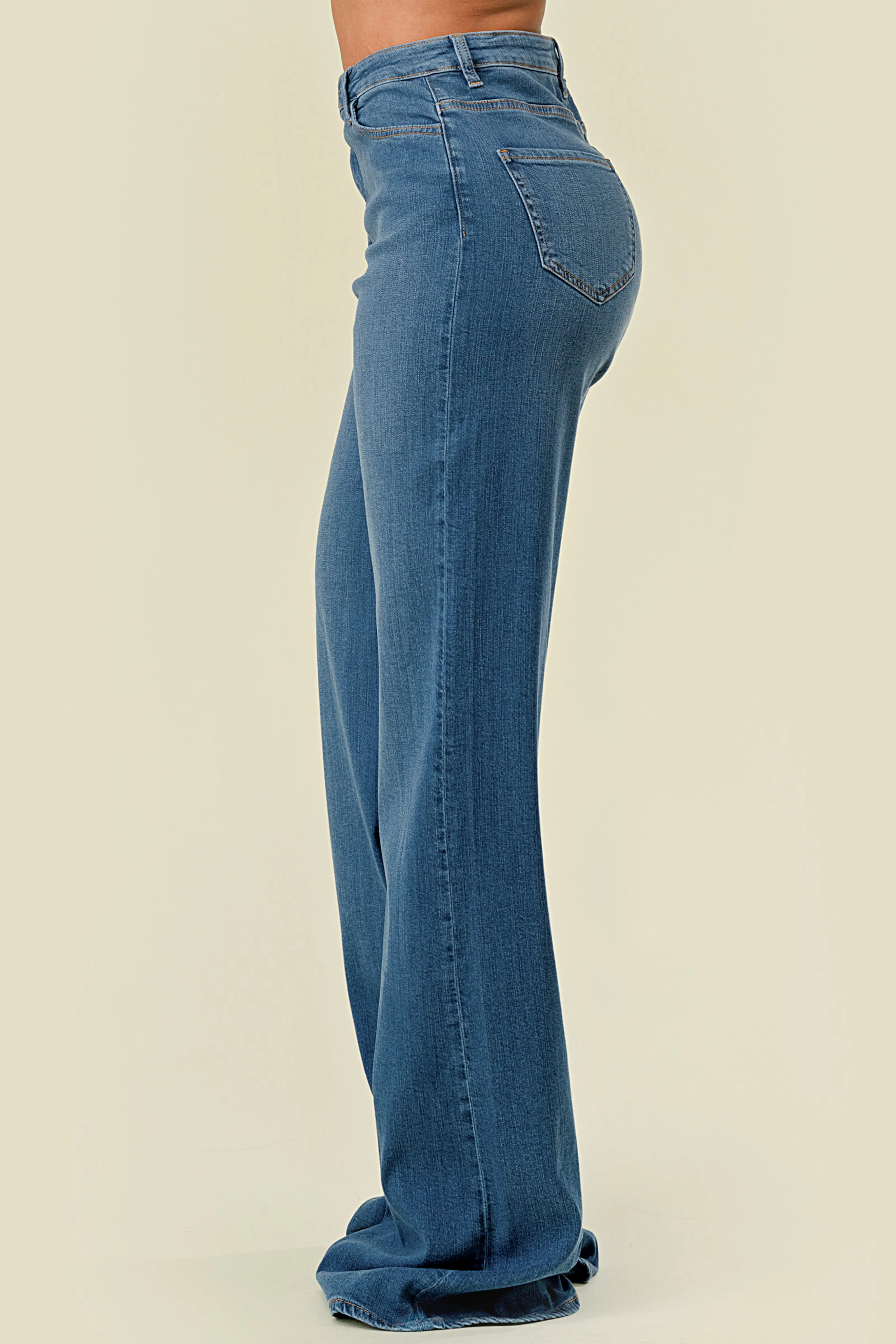 40712 High Rise Criss Cross Button Closure Wide Leg Jeans