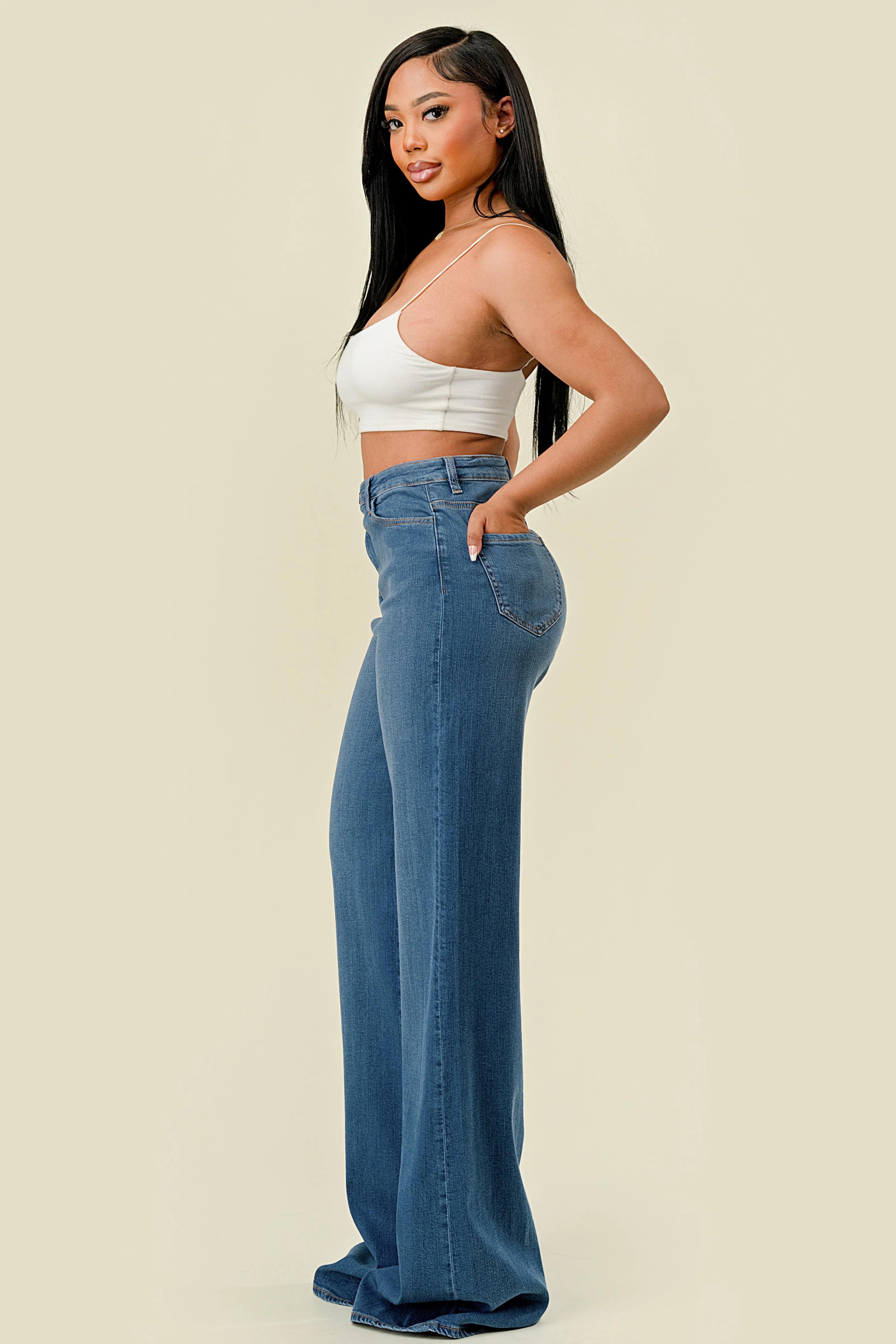 40712 High Rise Criss Cross Button Closure Wide Leg Jeans