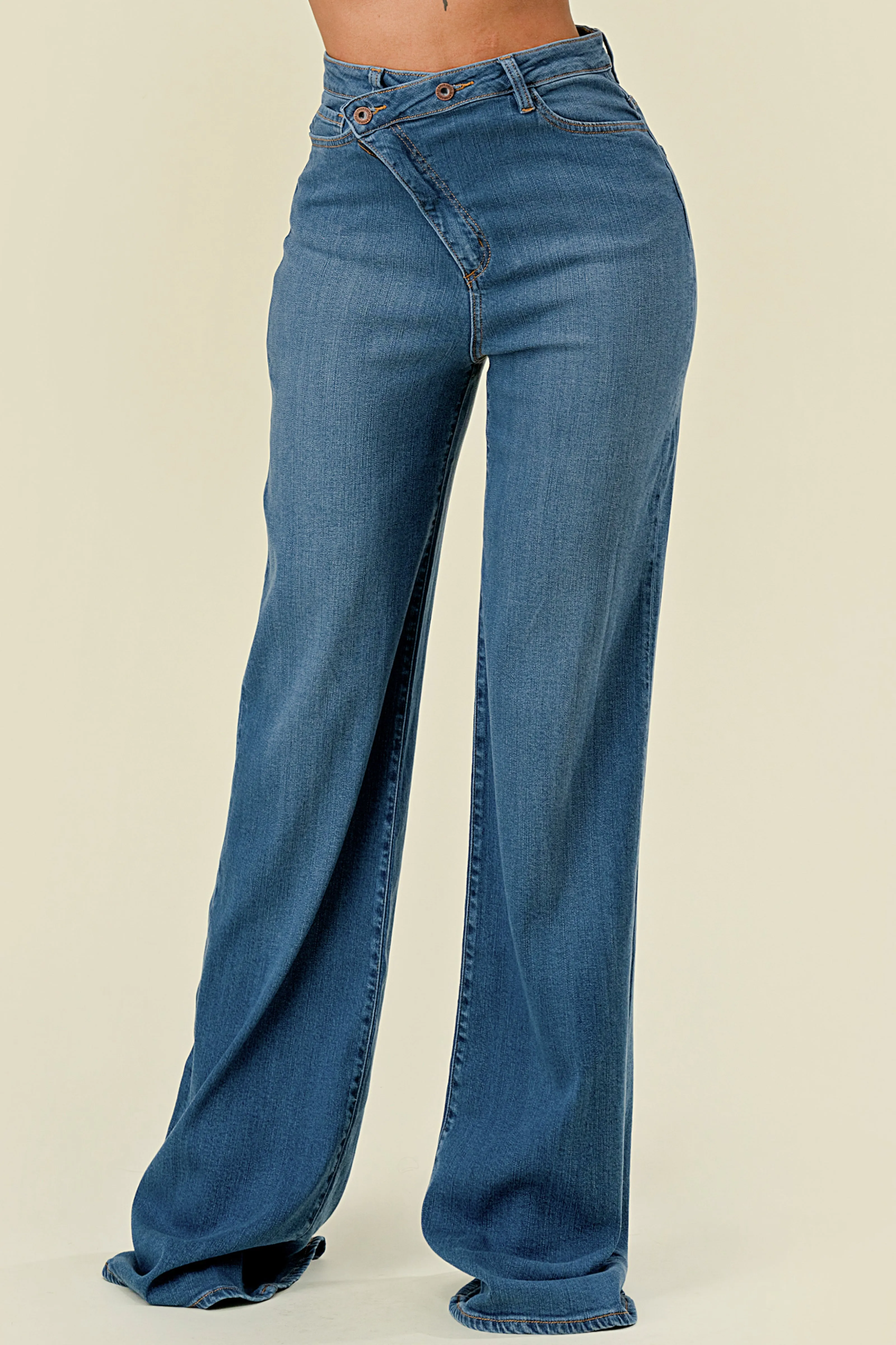 40712 High Rise Criss Cross Button Closure Wide Leg Jeans