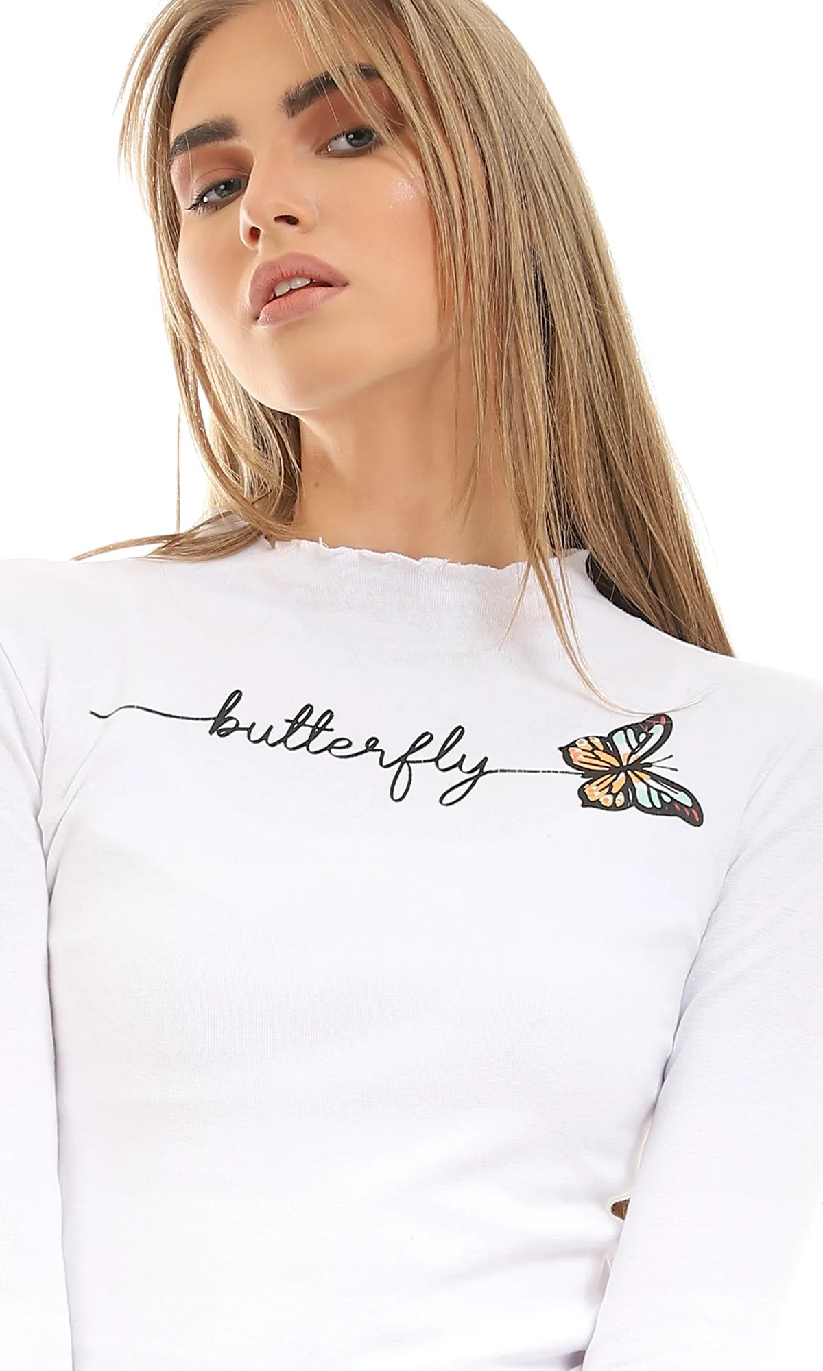 95016 Printed Butterfly Ruffled Neckline & Cuffs White Top