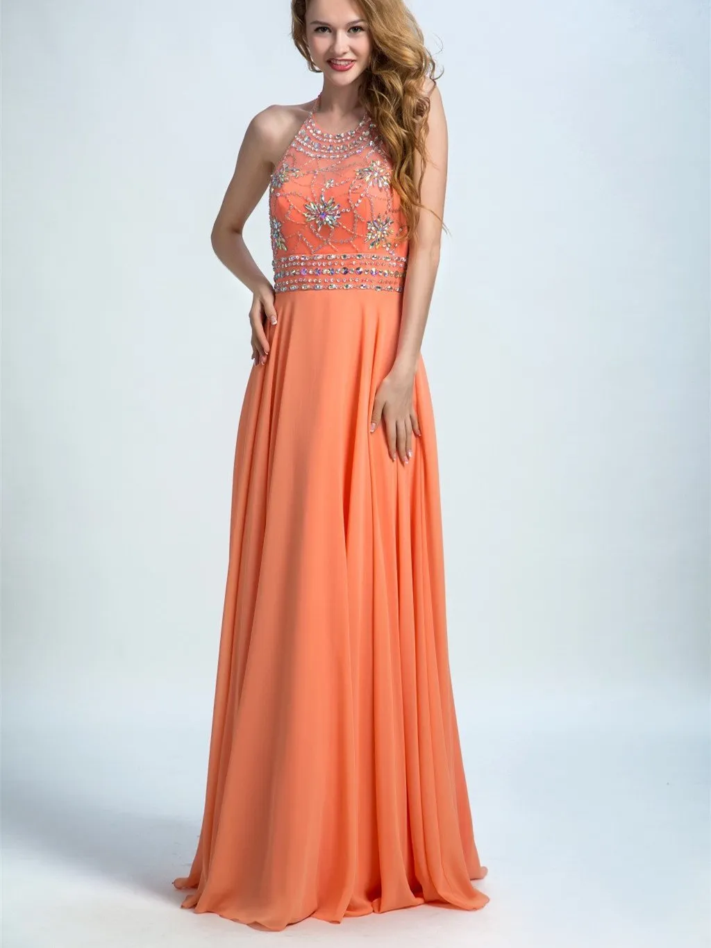 A-line Halter  Floor-Length Chiffon Rhinestone Sequined Evening Dresses 2901