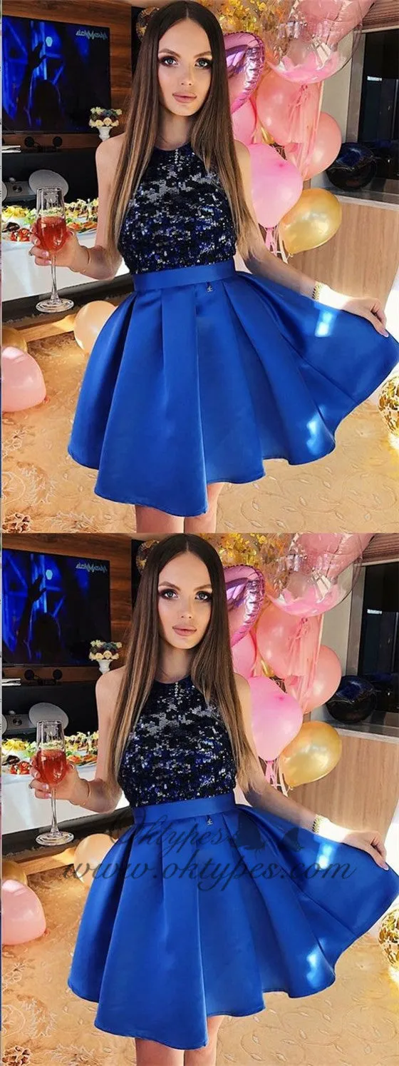 A-Line Sequined Royal Blue Satin Homecoming Dresses Online, TYP1185