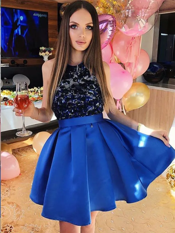 A-Line Sequined Royal Blue Satin Homecoming Dresses Online, TYP1185