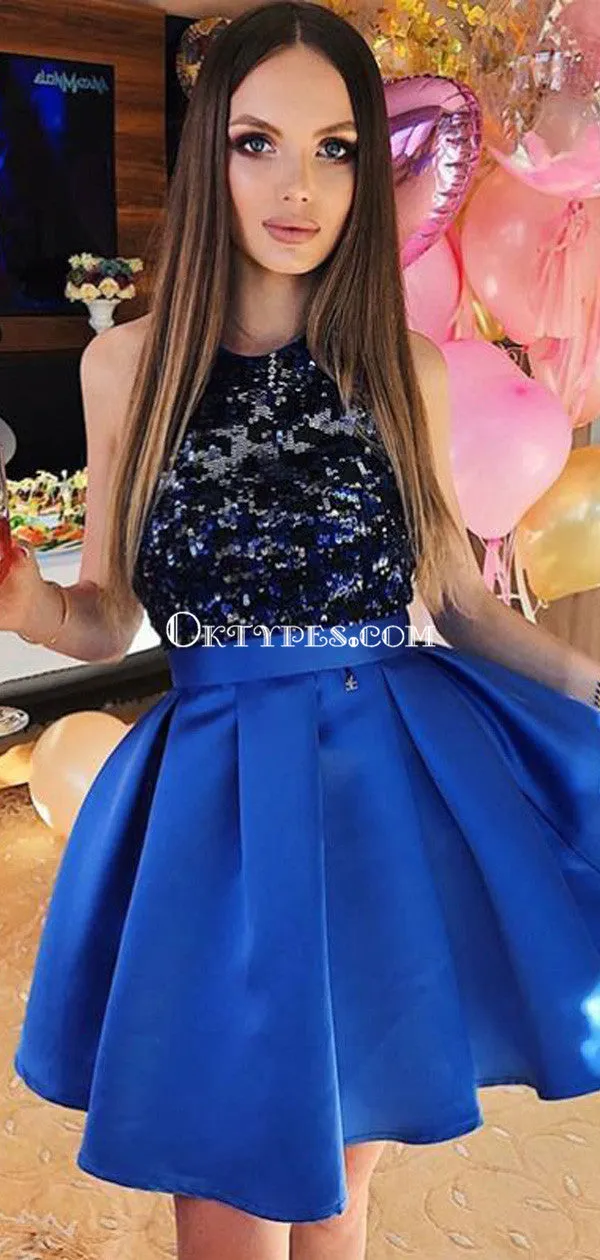 A-Line Sequined Royal Blue Satin Homecoming Dresses Online, TYP1185