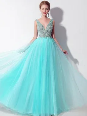 A-Line V-neck Floor-Length Tulle Beaded Sequined  Evening Dress 3100