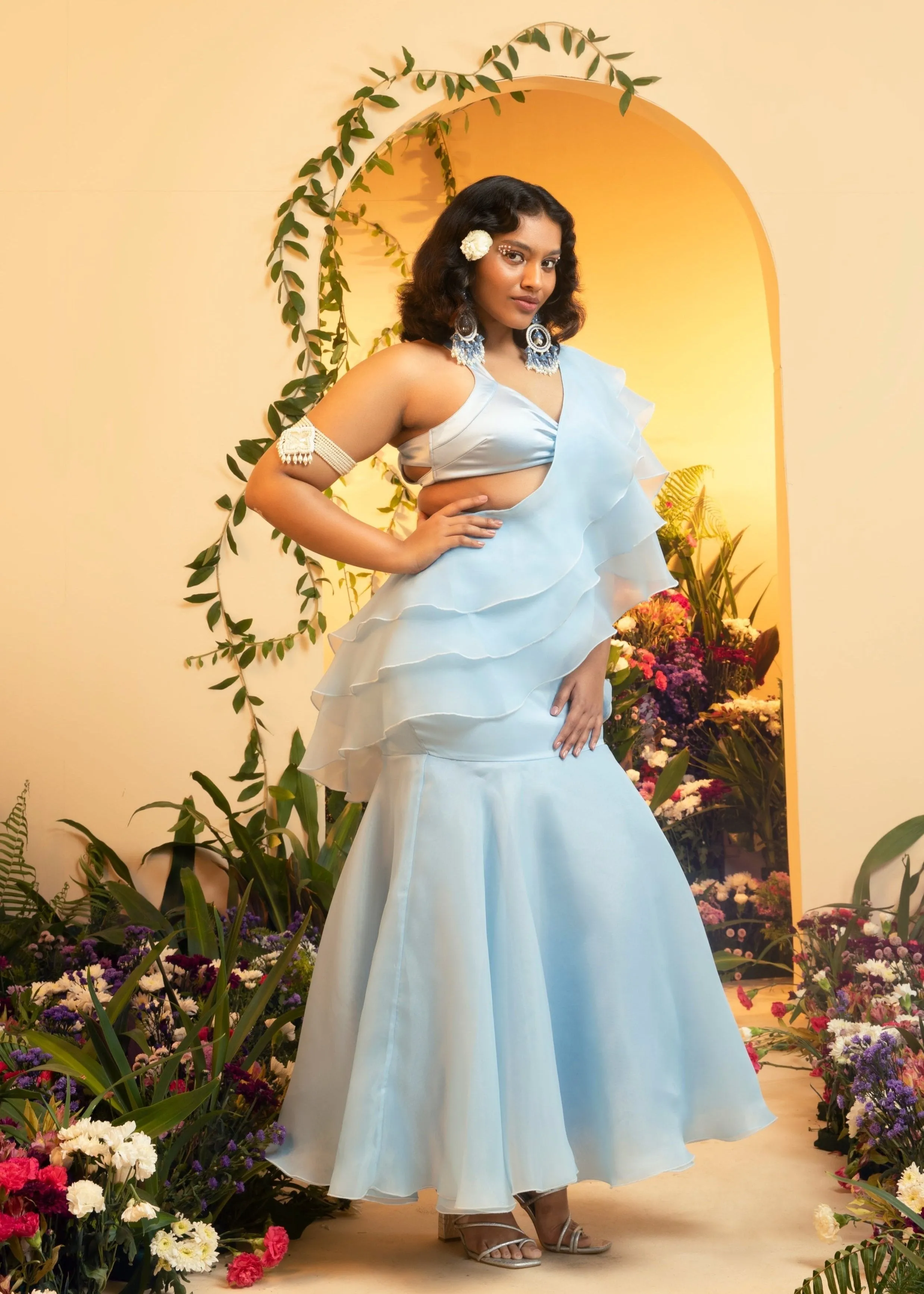 Aasira Baby Blue Ruffle Organza Pre-Stiched Saree