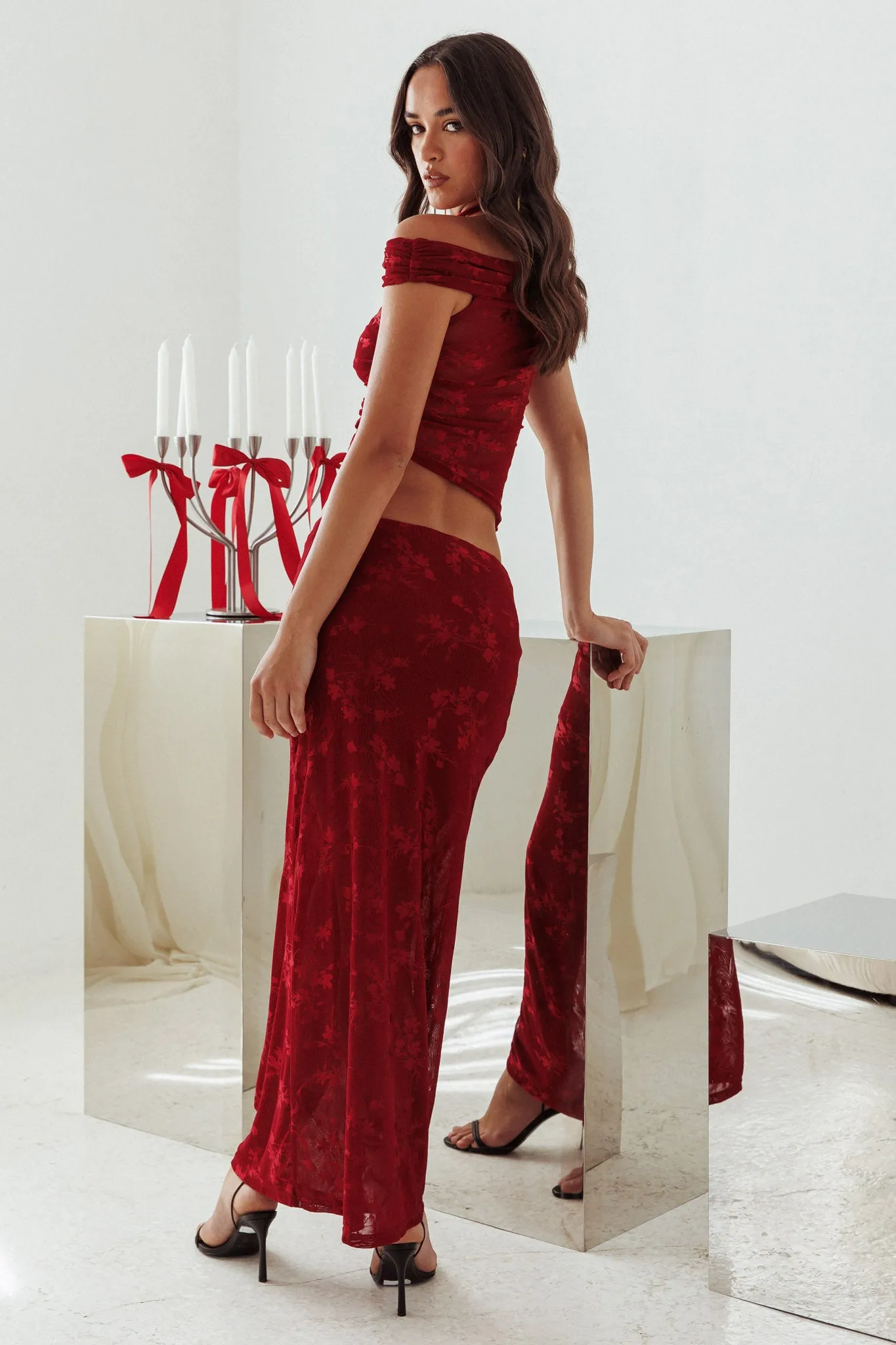 After Party Floral Mesh Maxi Skirt Burgundy