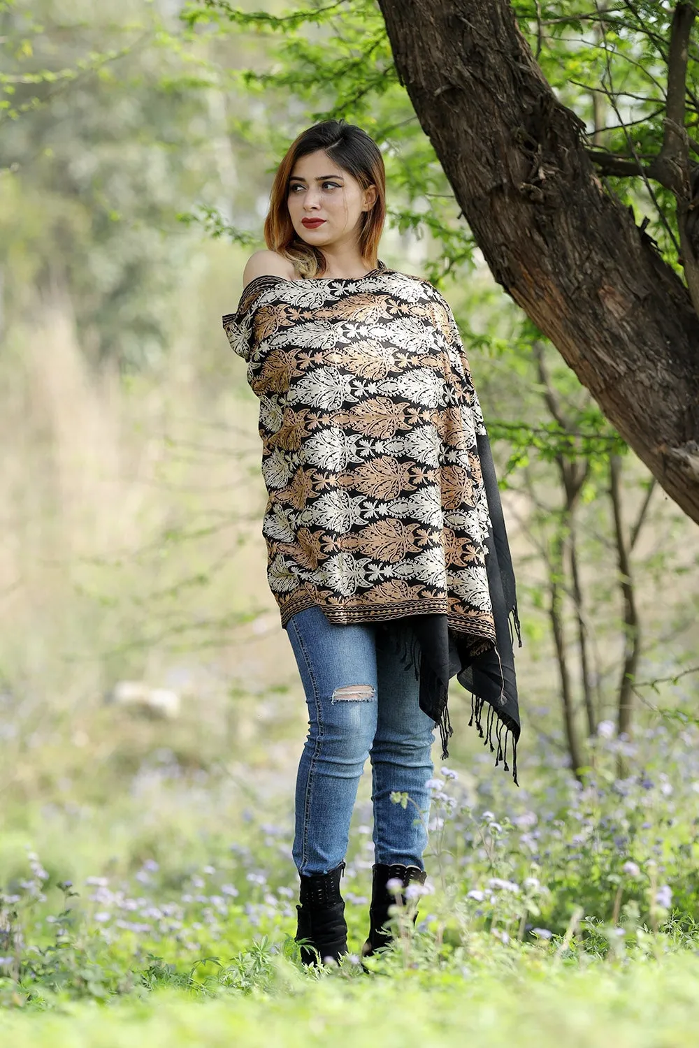 Amazing Black Colour Stole With Graceful Dense Jaal Pattern Of Kashmiri Embroidery Makes It An Ideal Wear.