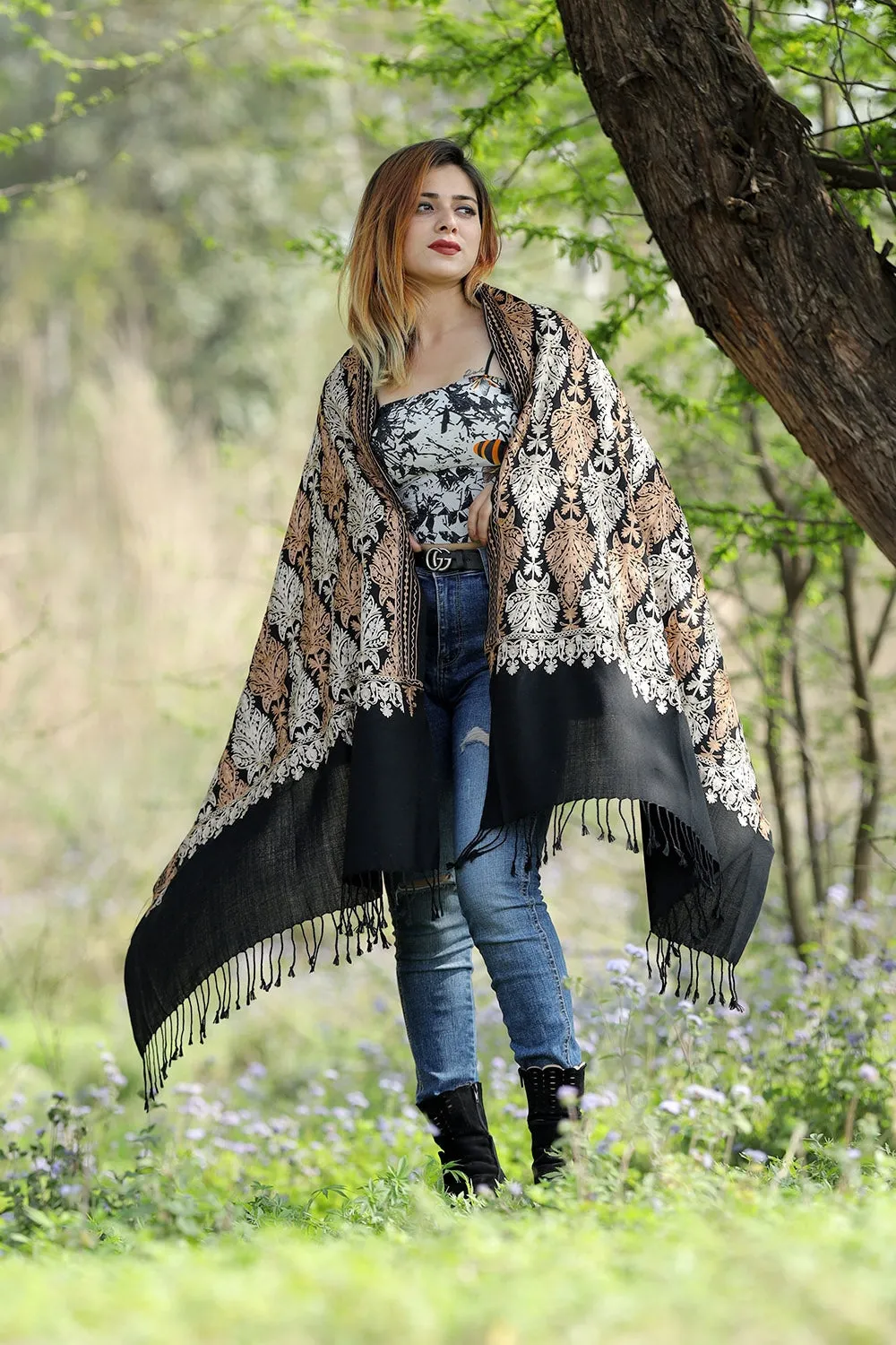 Amazing Black Colour Stole With Graceful Dense Jaal Pattern Of Kashmiri Embroidery Makes It An Ideal Wear.