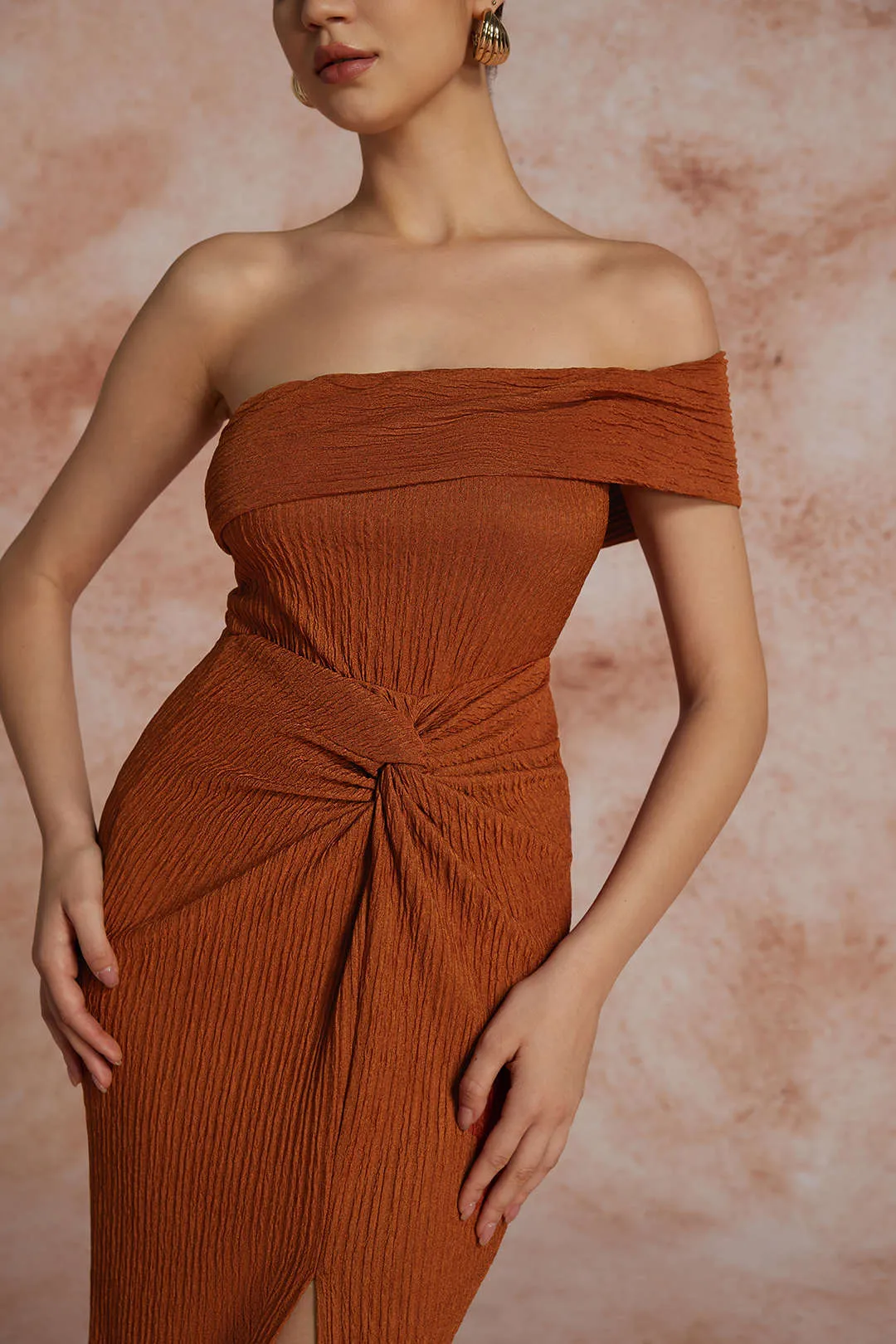 Asymmetrical Off Shoulder Twist Slit Maxi Dress