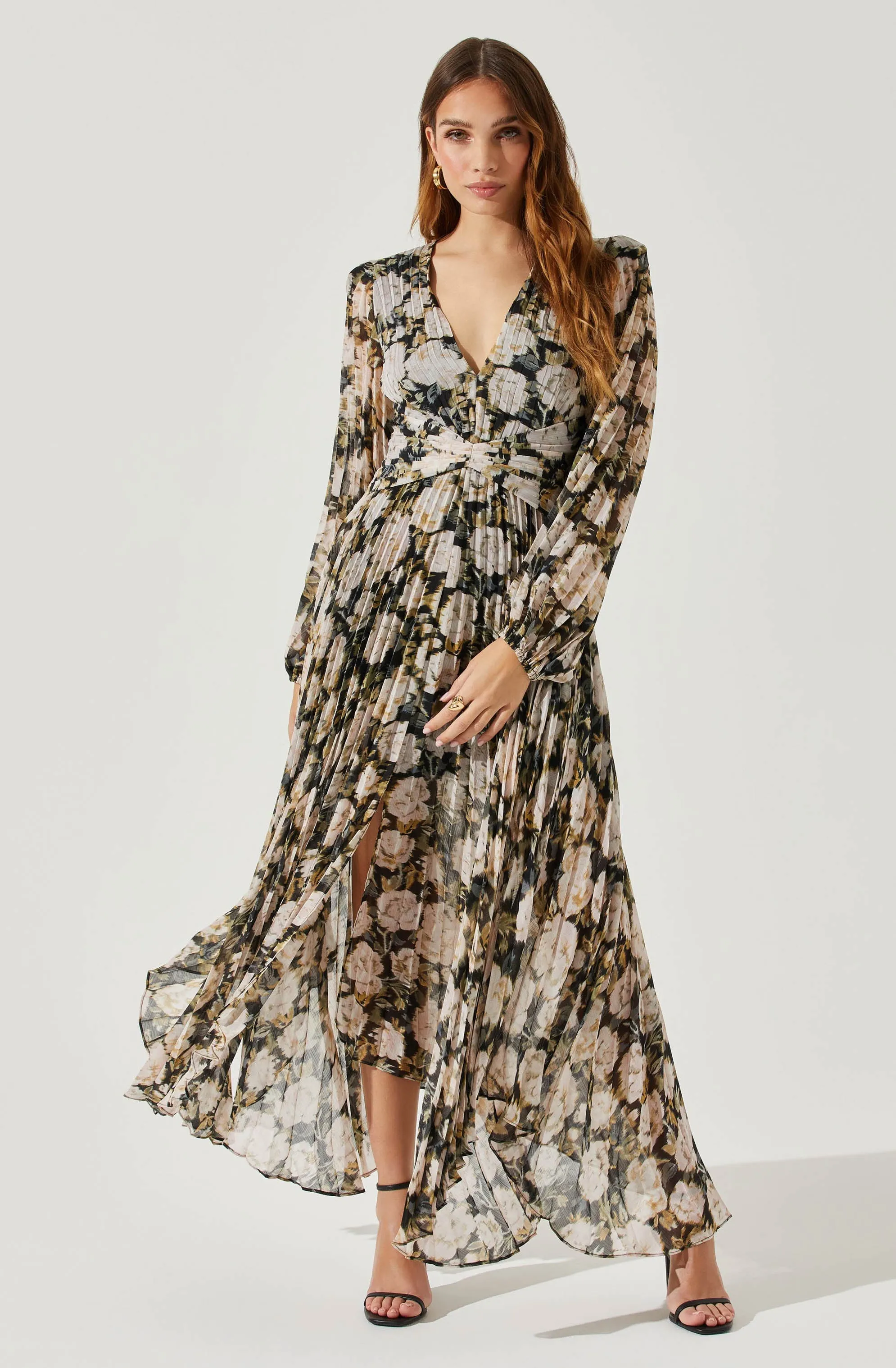 Ayana Floral Pleated Long Sleeve Maxi Dress