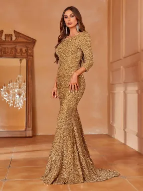 Backless 3/4 Sleeve Sequin Mermaid Dresses