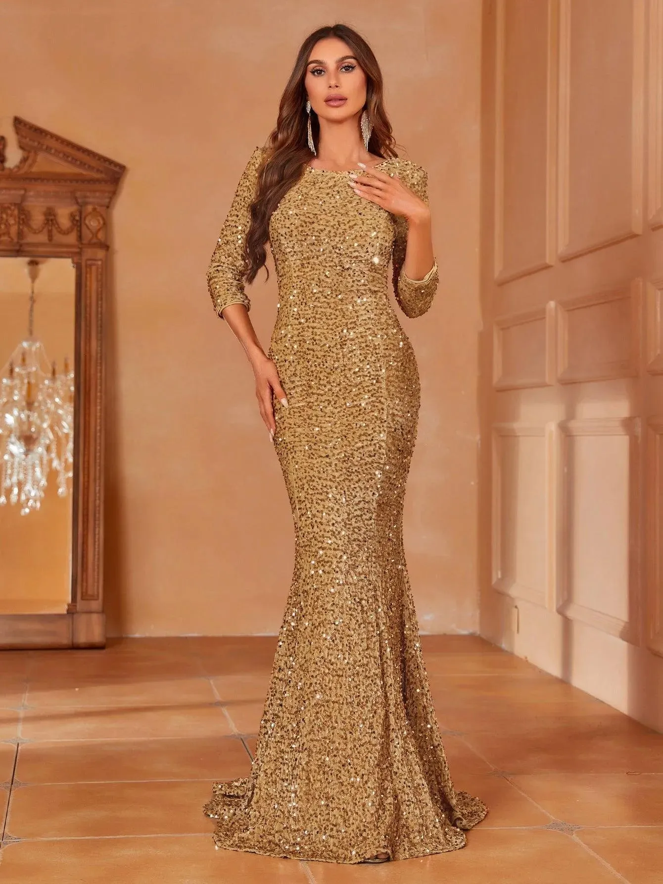 Backless 3/4 Sleeve Sequin Mermaid Dresses