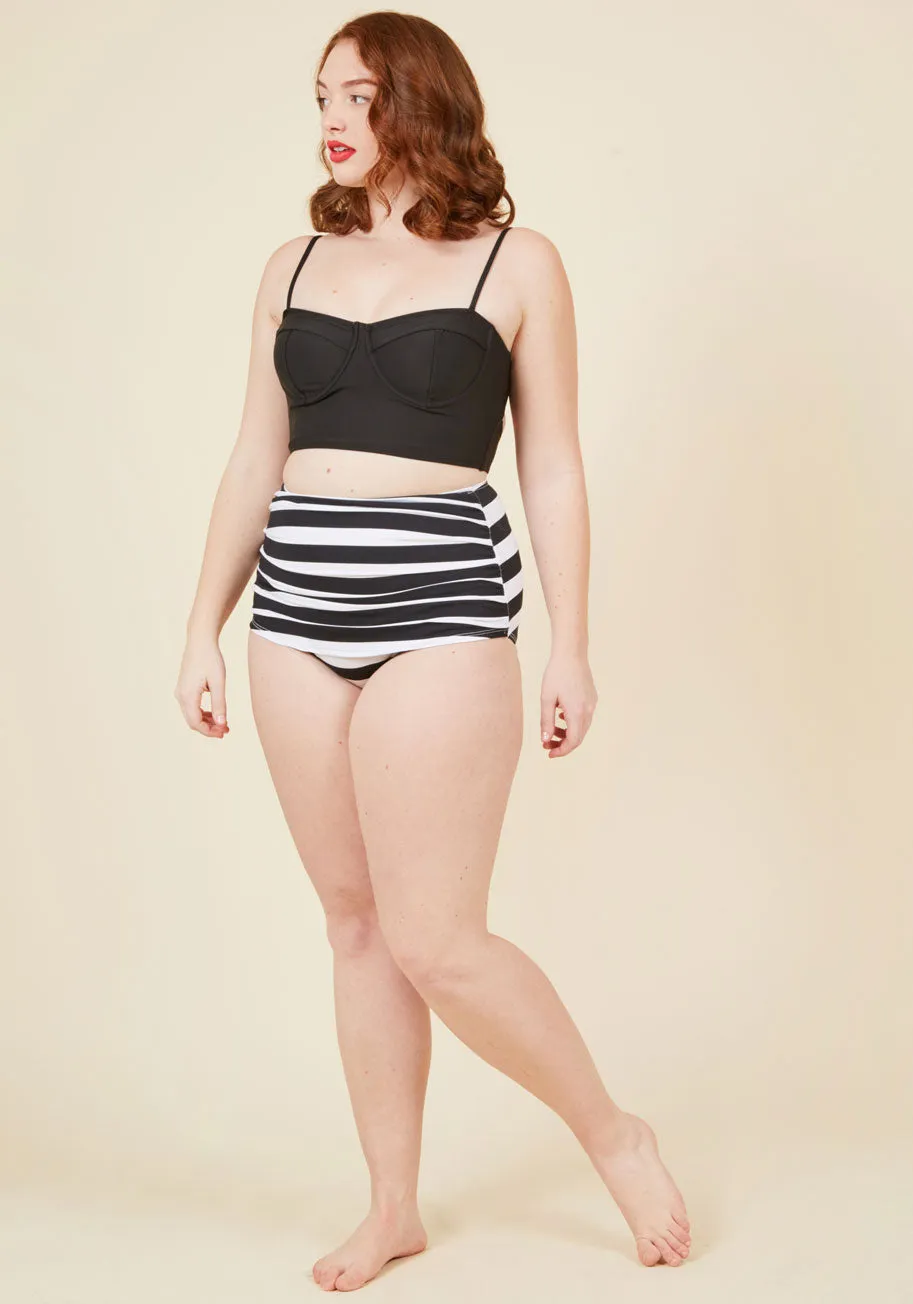 Bathing Beauty High-Waisted Bikini Bottom in Black Stripes