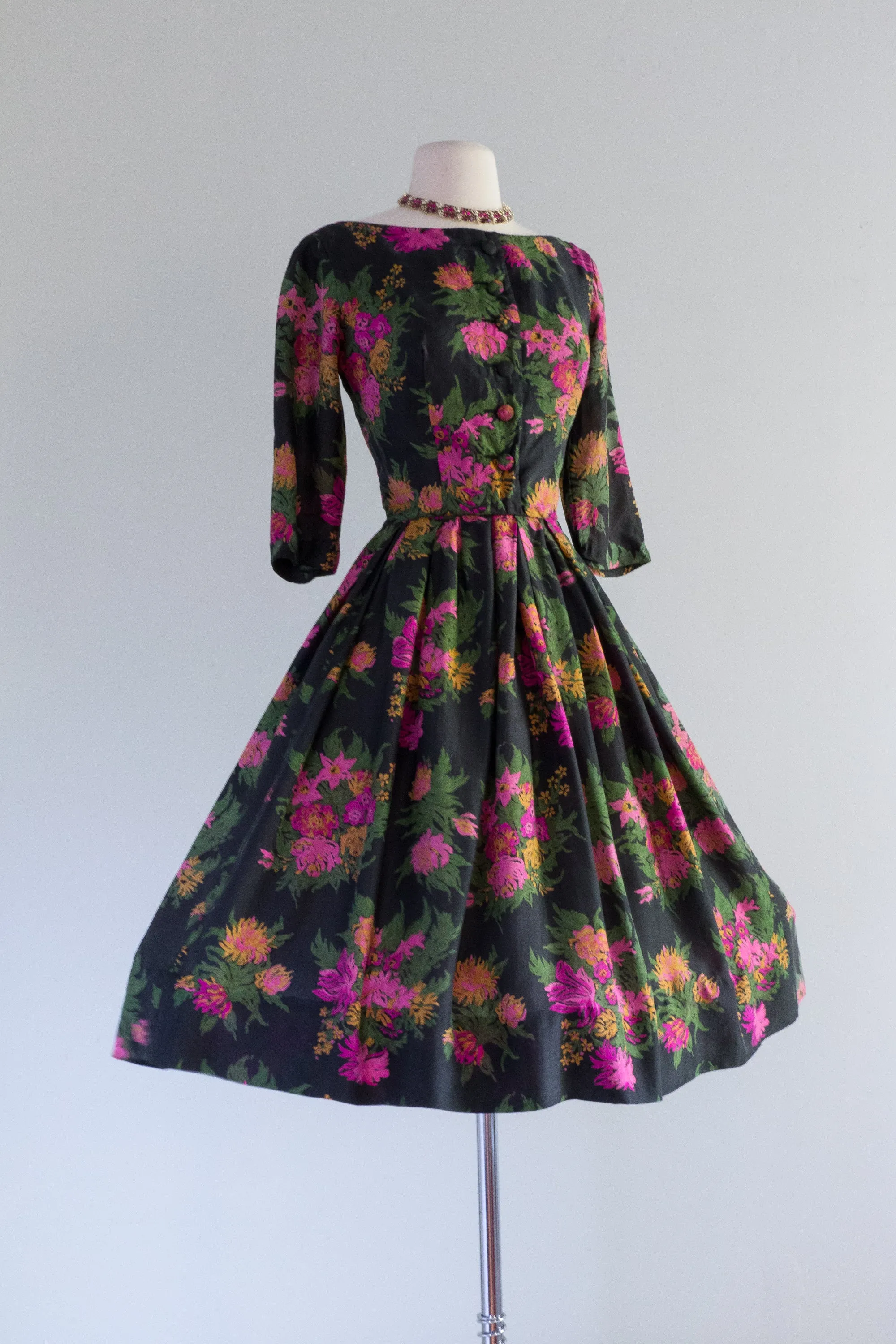 Beautiful 1950's Silk Floral Cocktail Dress By Gigi Young / Waist 25"