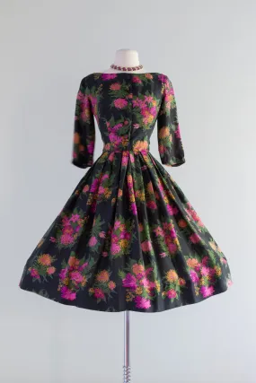 Beautiful 1950's Silk Floral Cocktail Dress By Gigi Young / Waist 25"