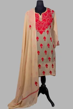 Beige Colour Aari Work Kurti With Golden Thread Embroidery Along With Embroidered Dupatta