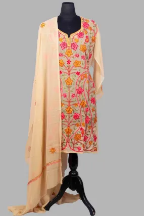 Beige  Colour Aari Work Neck Kurti With Thread Embroidery Along With Embroidered Dupatta