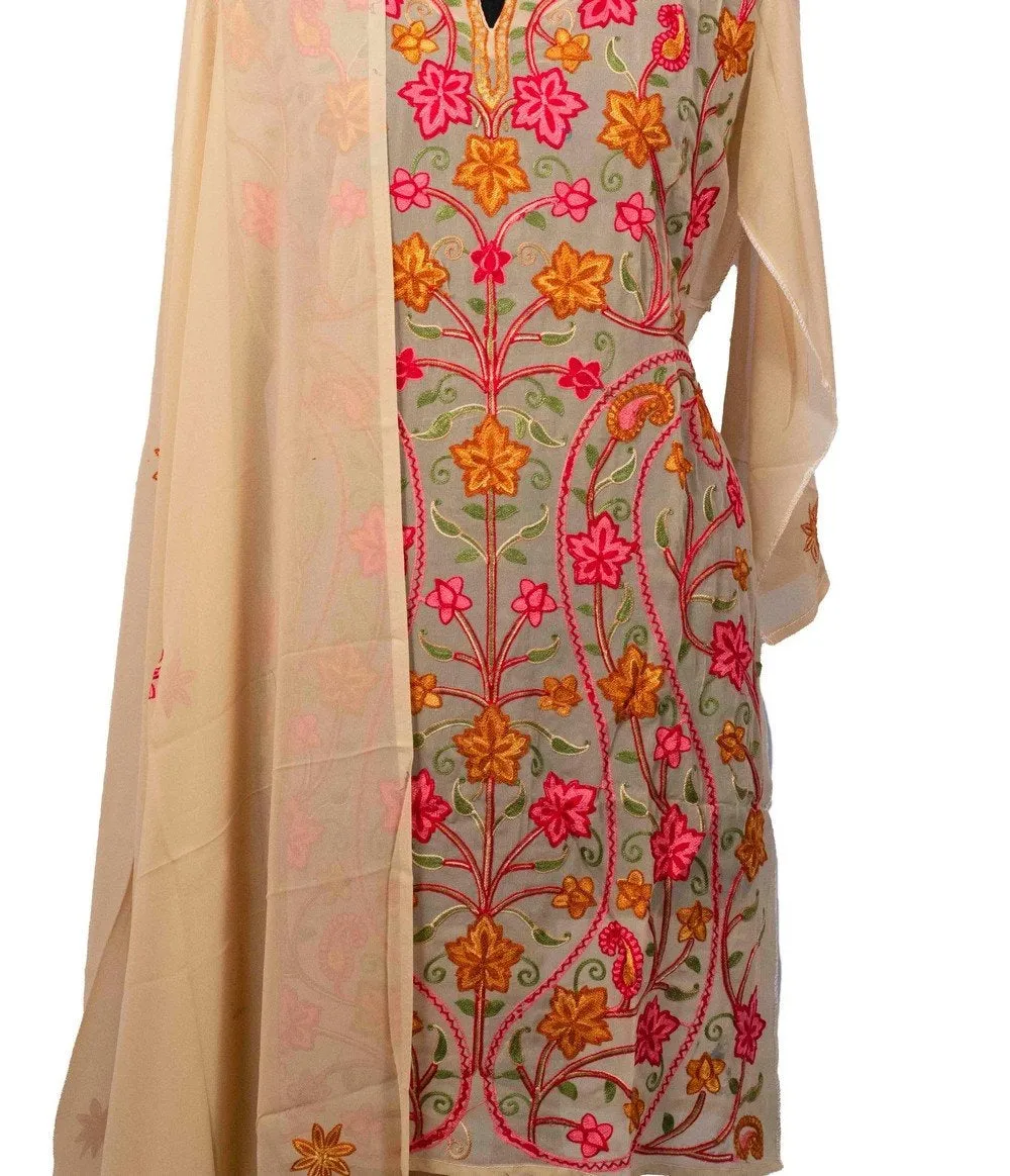 Beige  Colour Aari Work Neck Kurti With Thread Embroidery Along With Embroidered Dupatta