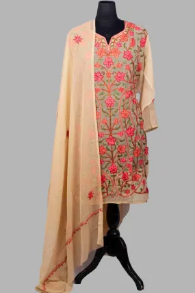 Beige Colour Aari Work Neck Kurti With Thread Embroidery Along With Embroidered Dupatta