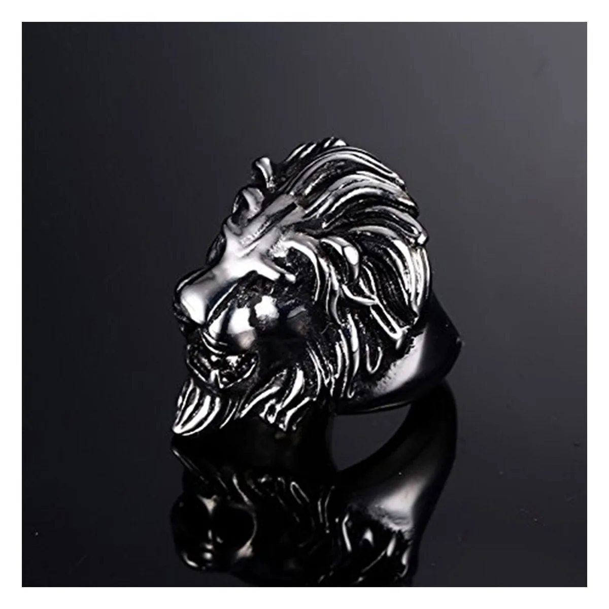 Biker Antique Vintage Oxidise Silver Stainless Steel Lion Head Ring