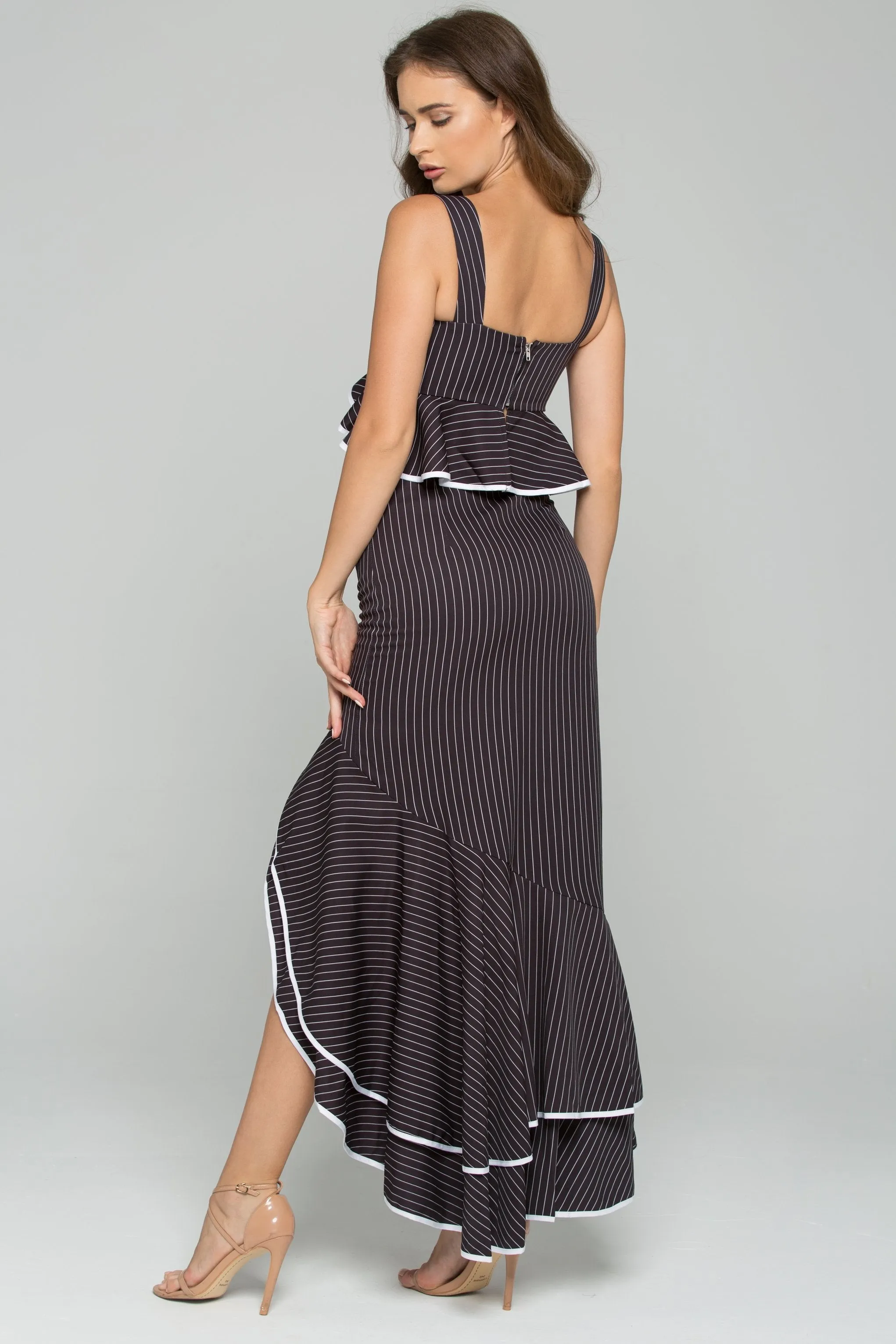 Black and White Pinstripe Ruffled Two Piece Asymmetrical Midi Dress