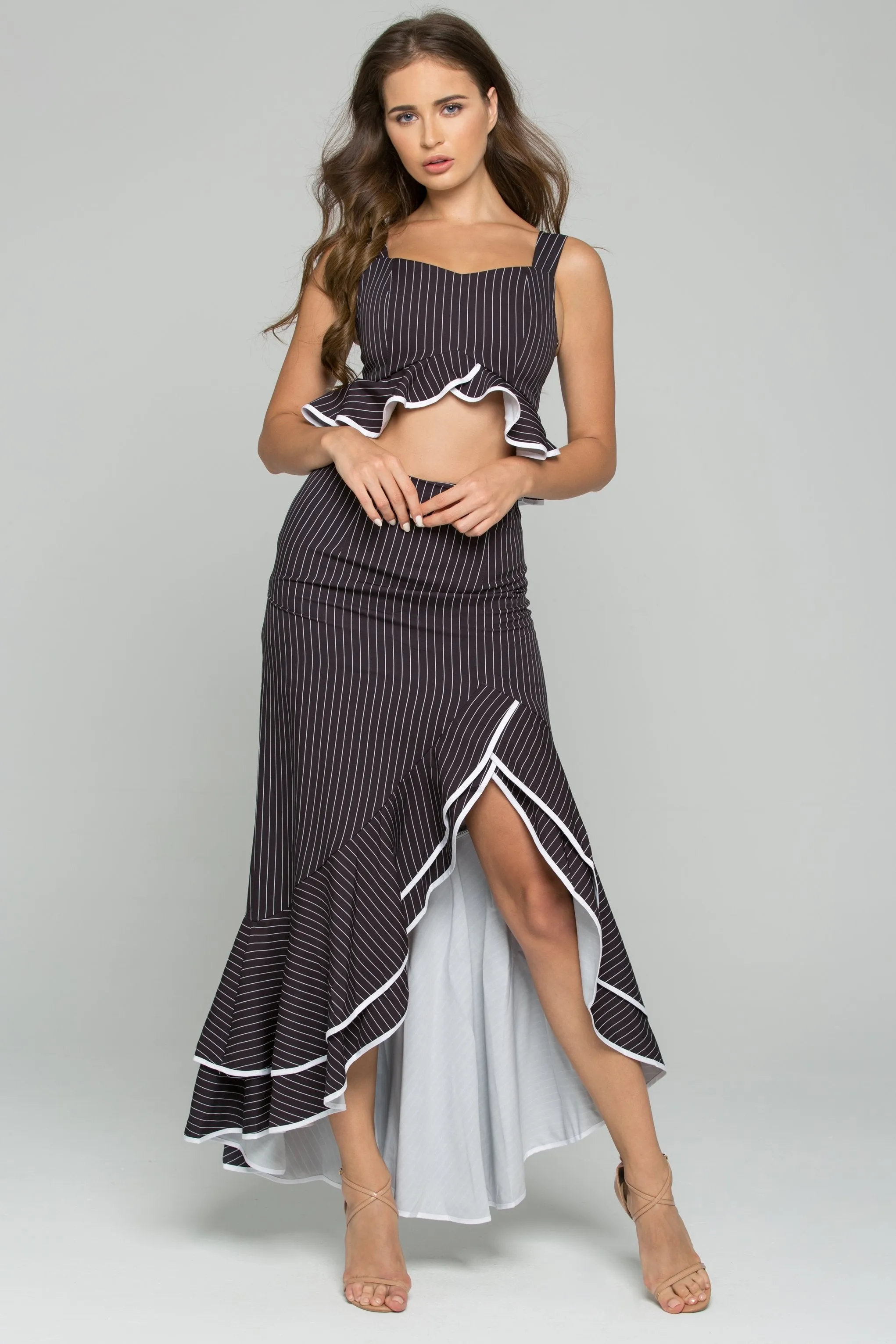 Black and White Pinstripe Ruffled Two Piece Asymmetrical Midi Dress