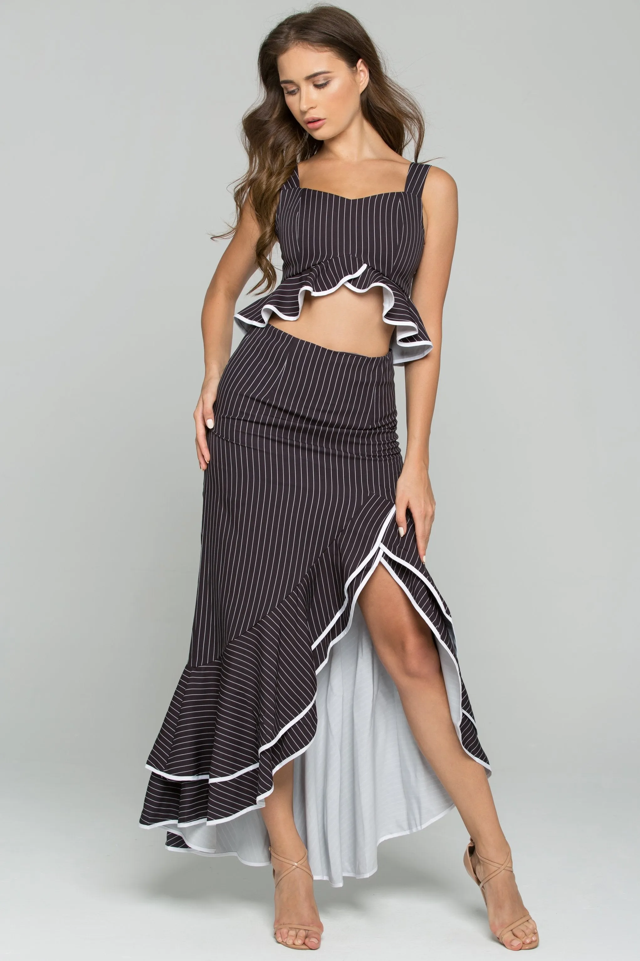 Black and White Pinstripe Ruffled Two Piece Asymmetrical Midi Dress