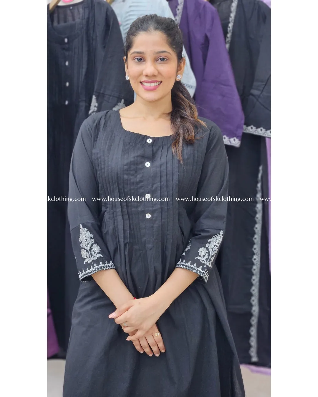 Black Pin Tuck Cotton Kurta Set