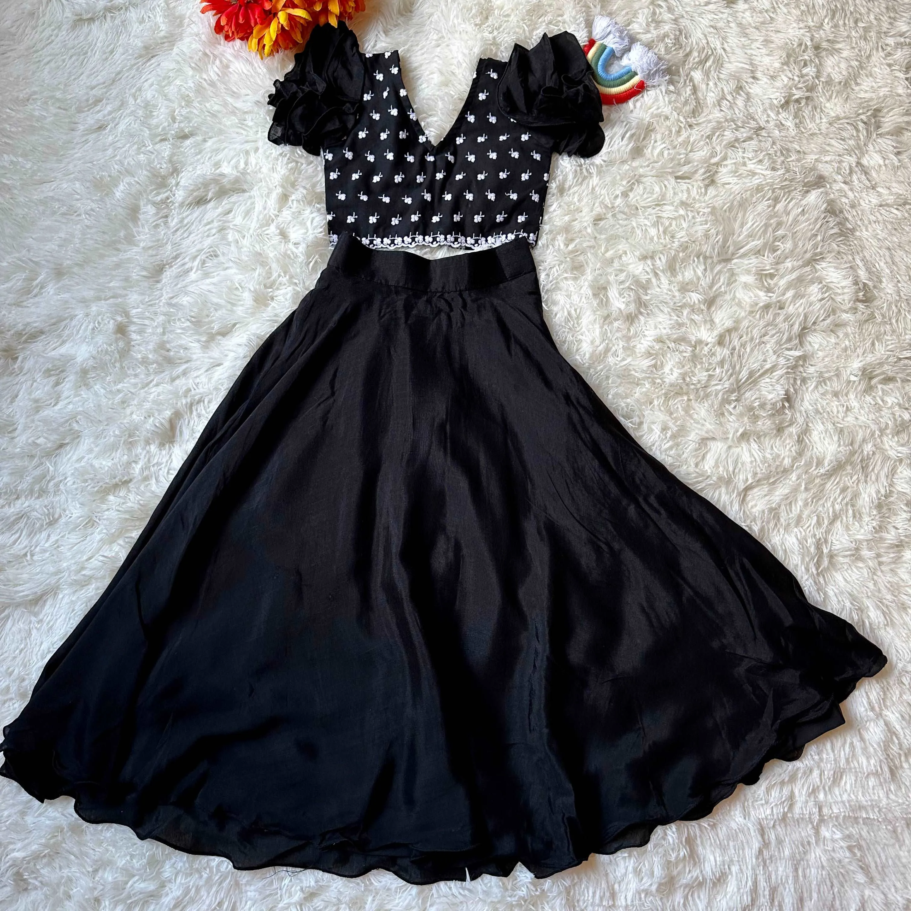 Black Rayon Ruffle Crop Top | Circular Skirt | 4-5 Yrs