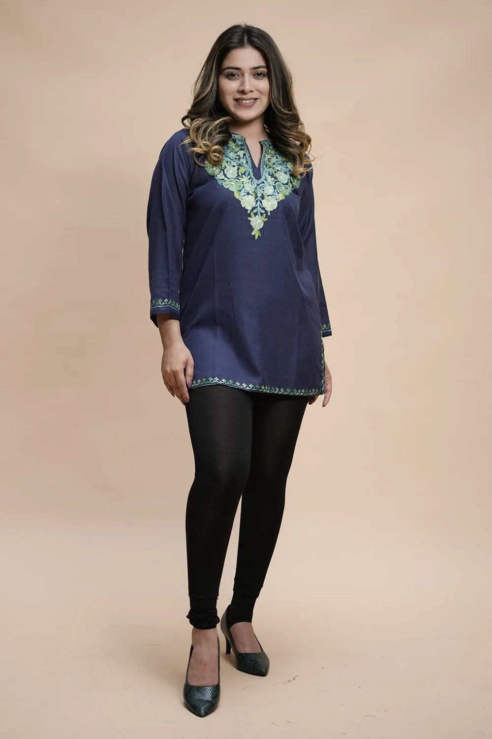 Blue Cotton Aari Work Kurti With Multicoloured Designer Flower Embroidery