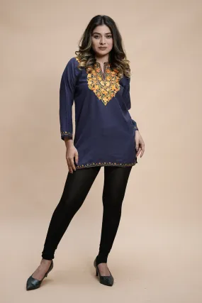 Blue Cotton Aari Work Kurti With Multicoloured Designer Flower Embroidery