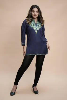 Blue Cotton Aari Work Kurti With Multicoloured Designer Flower Embroidery