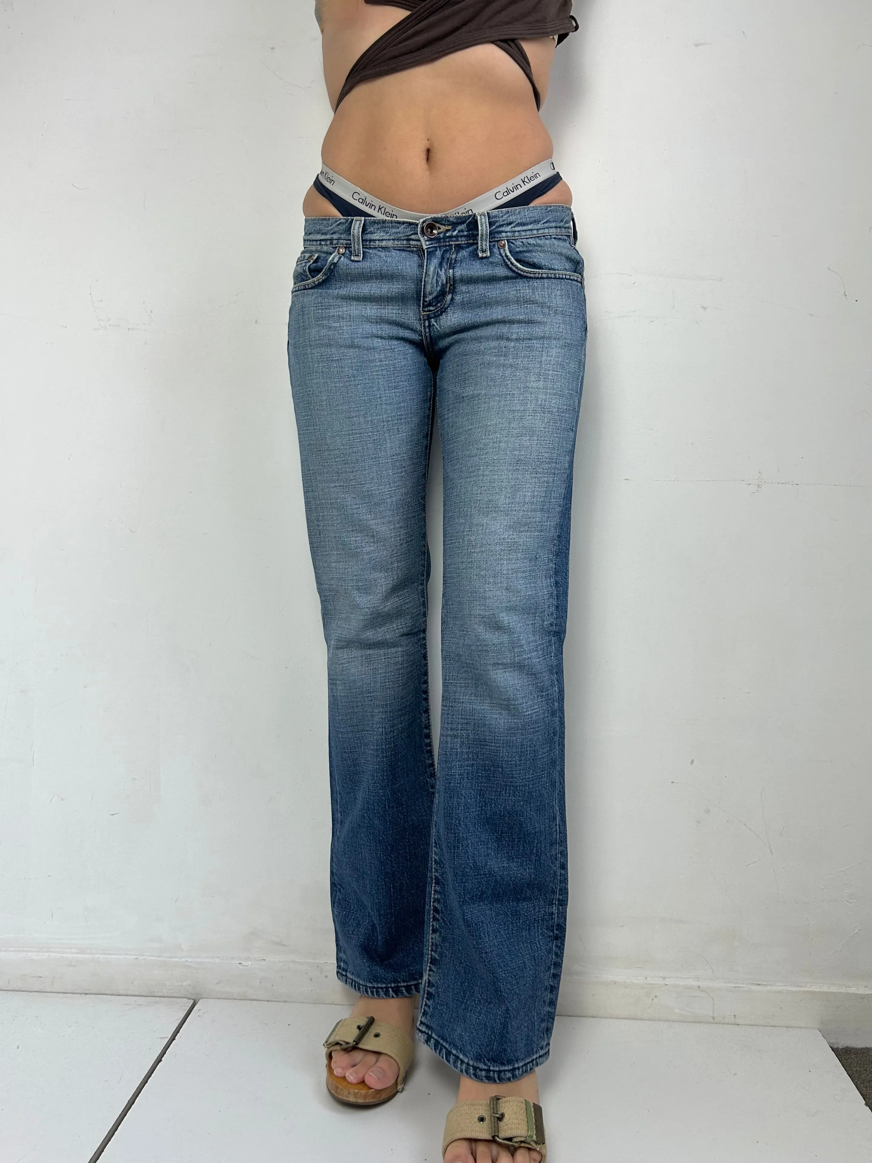 Blue denim low rise straight pants (S)