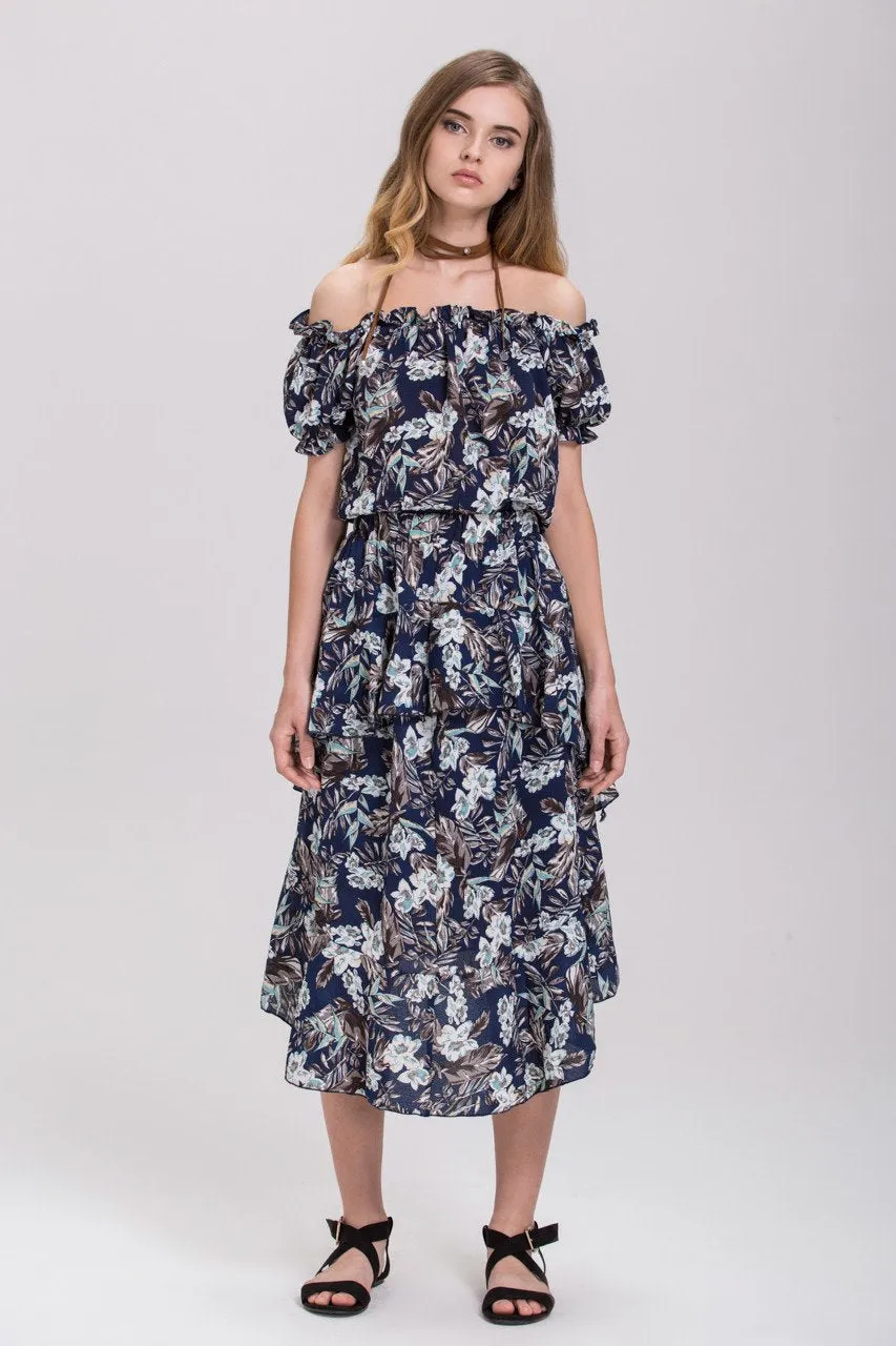 Blue Floral Printed Off the Shoulder and Ruffled Skirt Set