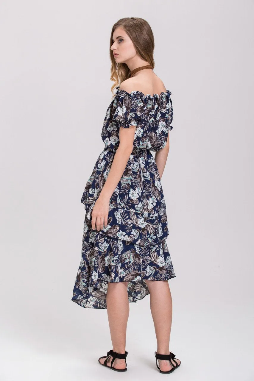 Blue Floral Printed Off the Shoulder and Ruffled Skirt Set