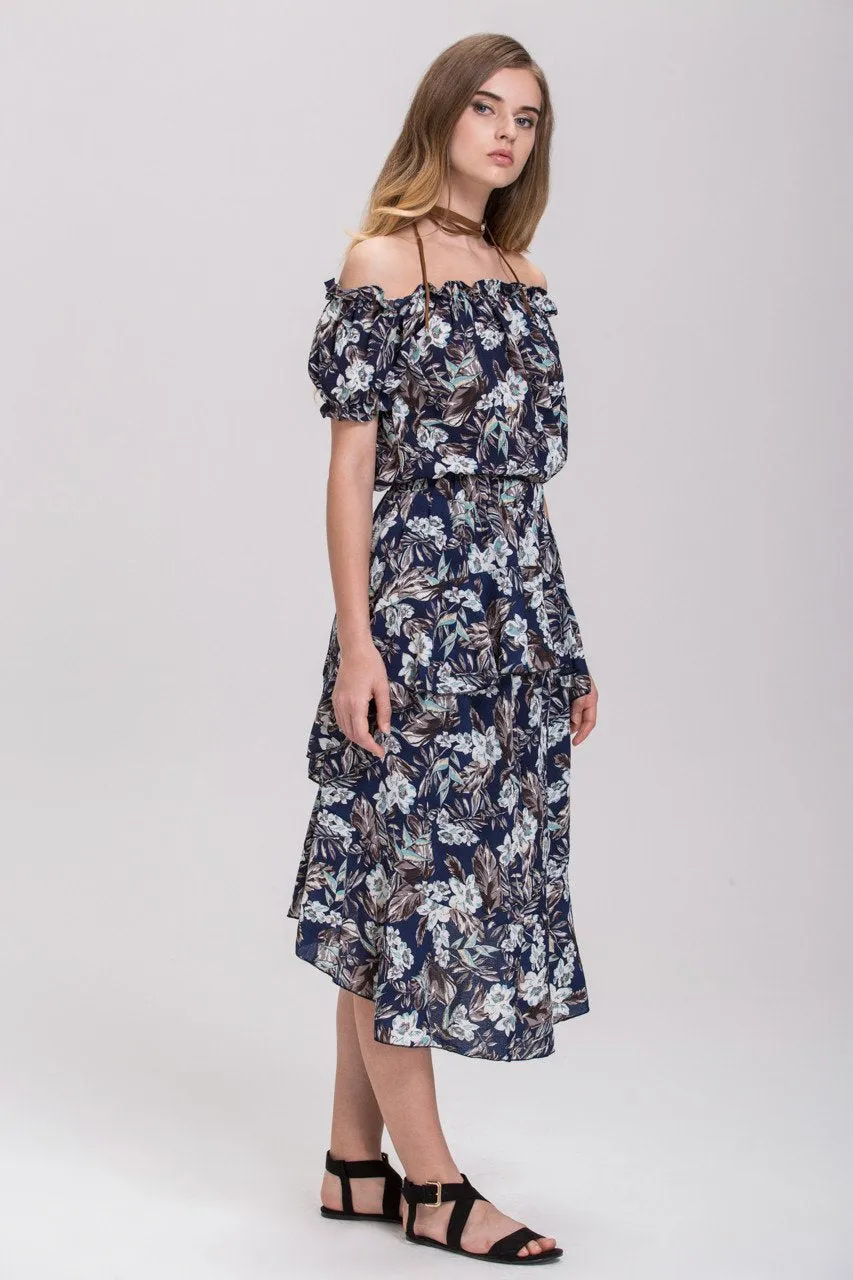 Blue Floral Printed Off the Shoulder and Ruffled Skirt Set